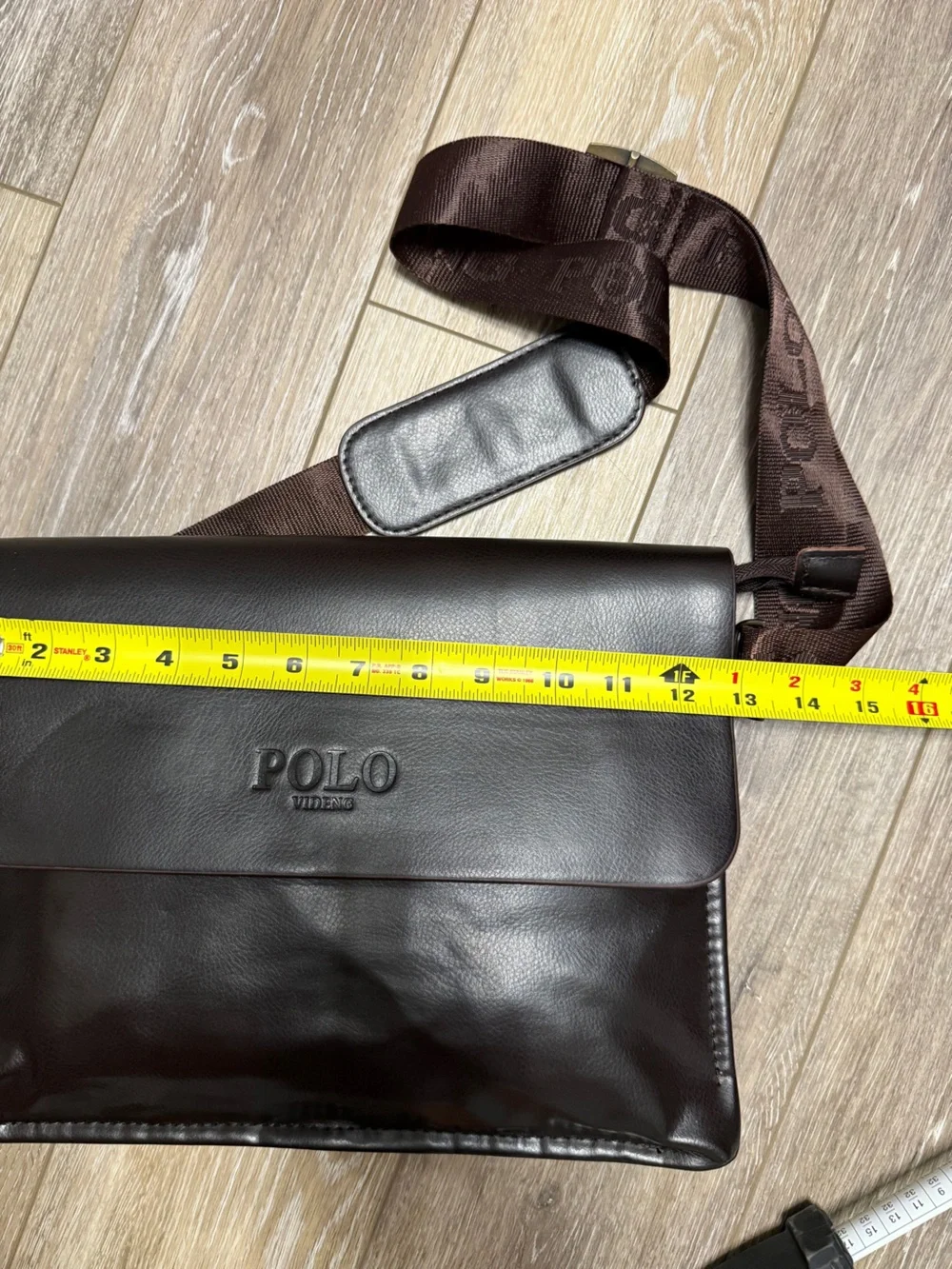 POLO Videng Men’s Brown Leather Messenger Bag with Branded Strap 13”X9”